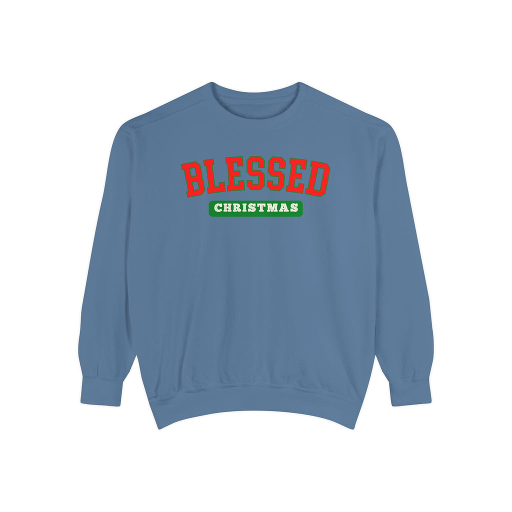 Blue Jean Christian Christmas sweatshirt with Blessed in varsity-style lettering above a Christmas banner.