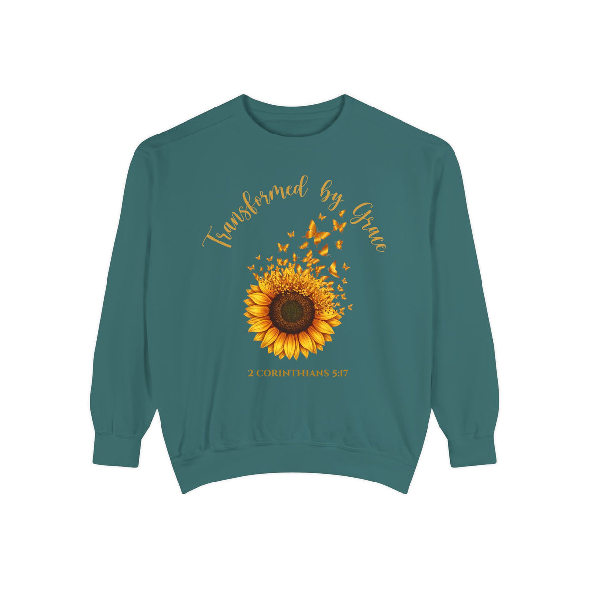 Blue Spruce Christian sweatshirt with a painted sunflower whose petals turn into butterflies, reading Transformed by Grace, 2 Corinthians 5:17