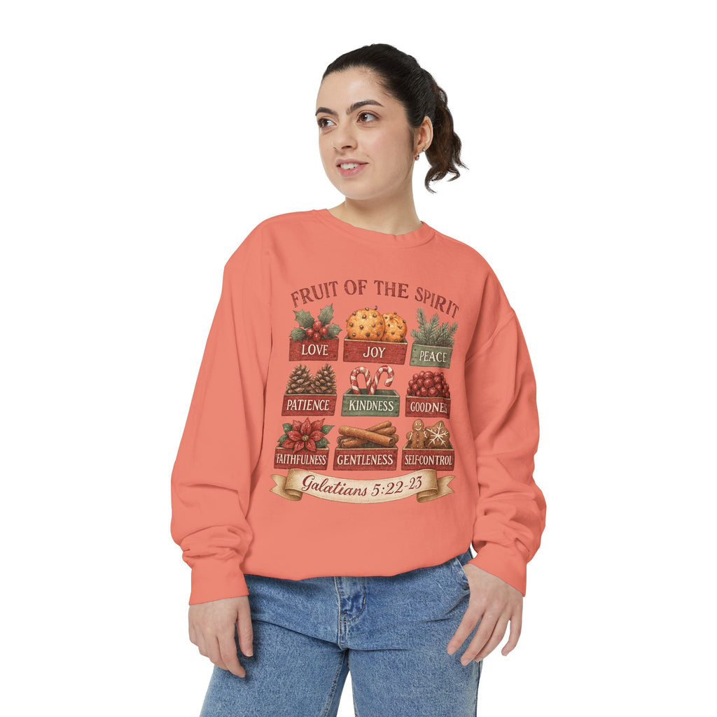 Christmas Christian sweatshirt with nine vintage crates of holly, oranges, pine, pinecones, candy canes, berries, poinsettia, cinnamon and gingerbread labeled with the fruit of the spirit
