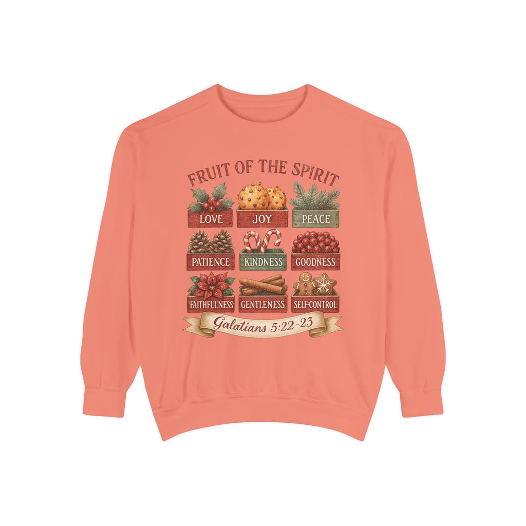 Terracotta Christmas Christian sweatshirt with nine vintage crates of holly, oranges, pine, pinecones, candy canes, berries, poinsettia, cinnamon and gingerbread labeled with the fruit of the spirit