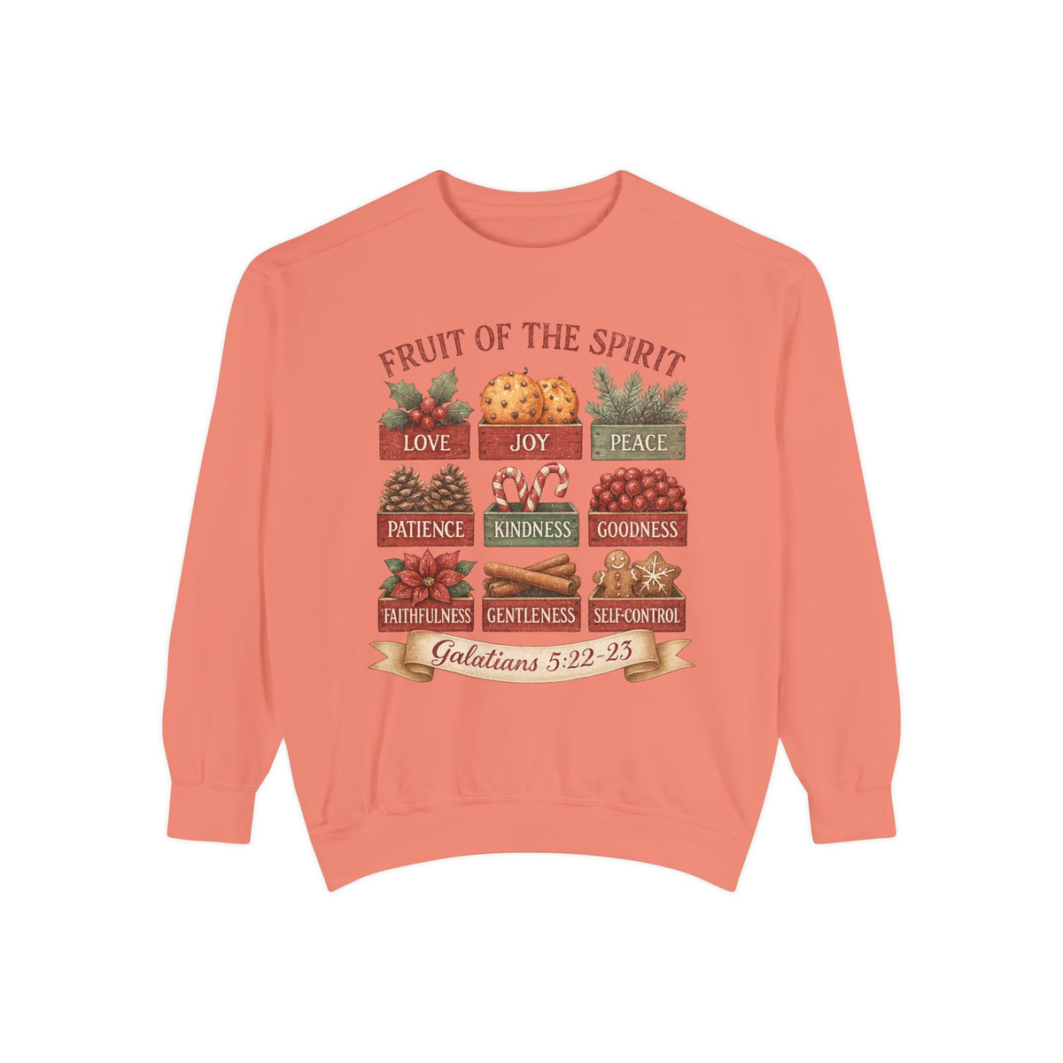 Terracotta Christmas Christian sweatshirt with nine vintage crates of holly, oranges, pine, pinecones, candy canes, berries, poinsettia, cinnamon and gingerbread labeled with the fruit of the spirit