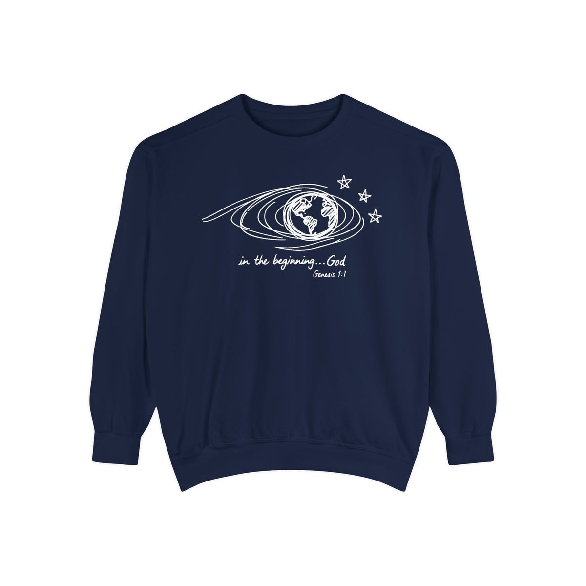 True Navy Christian sweatshirt with hand-sketched Earth, looping orbit lines and three stars, reading in the beginning God, Genesis 1:1