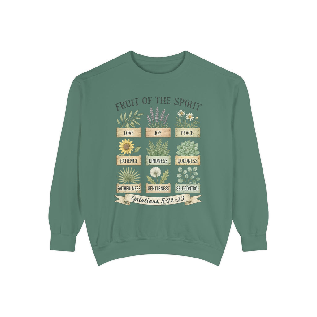 Light Green Christian sweatshirt with nine painted herb and flower planters labeled with the fruit of the spirit, Galatians 5:22-23