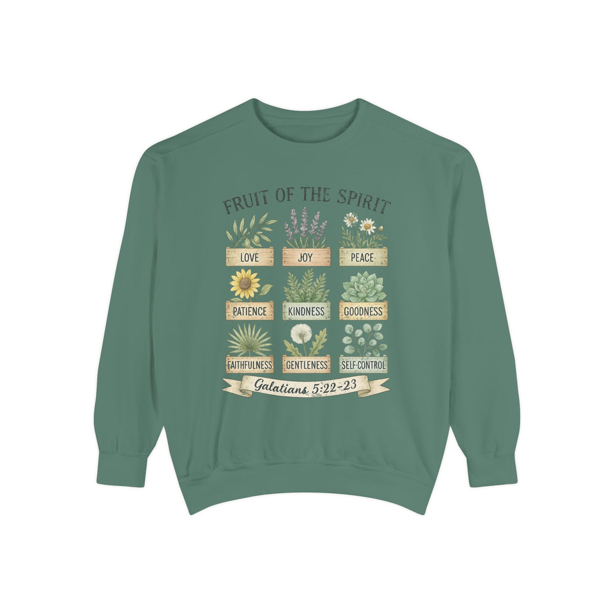 Light Green Christian sweatshirt with nine painted herb and flower planters labeled with the fruit of the spirit, Galatians 5:22-23