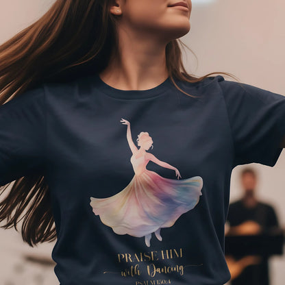 Woman worshipping in a midnight navy Comfort Colors 1717 Christian women t-shirt. Design shows a pastel watercolor ballerina with the words “Praise Him with Dancing – Psalm 150:4