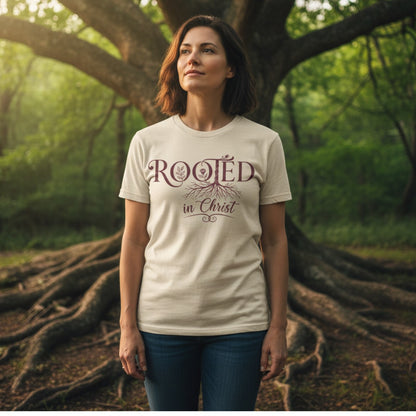 “Woman standing under a large tree wearing ivory Comfort Colors 1717 Christian T-shirt with ‘Rooted in Christ’ design in maroon, styled as inspirational Christian apparel.”