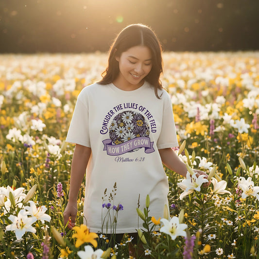 Woman standing in a blooming lily field at golden hour, wearing a Comfort Colors 1717 Christian T-shirt with scripture Matthew 6:28, “Consider the lilies of the field, how they grow,” and floral circle design