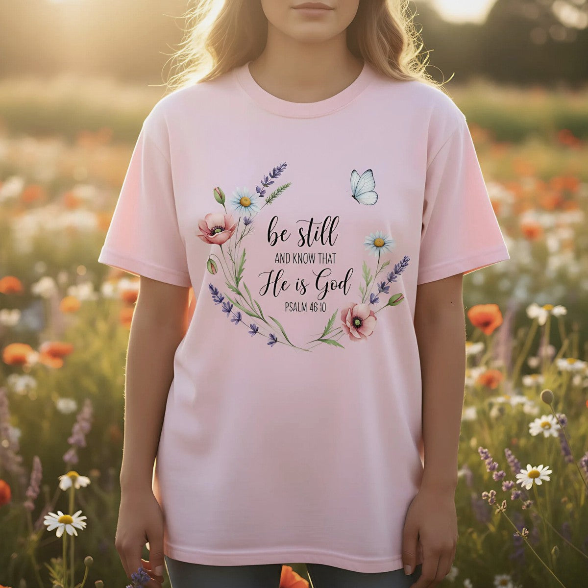 Blossom pink Comfort Colors Christian T-shirt with Bible verse "Be Still and Know That He Is God, Psalm 46:10." Floral wreath design with lavender, daisies, poppies, and a butterfly, modeled outdoors in a flower field.