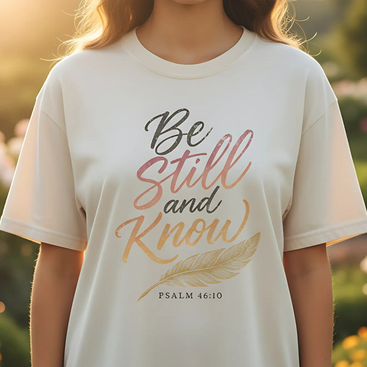Ivory Comfort Colors Christian T-shirt with scripture "Be Still and Know, Psalm 46:10" in gradient script and gold feather design. Modeled outdoors in a flower garden with natural sunlight for a lifestyle look.