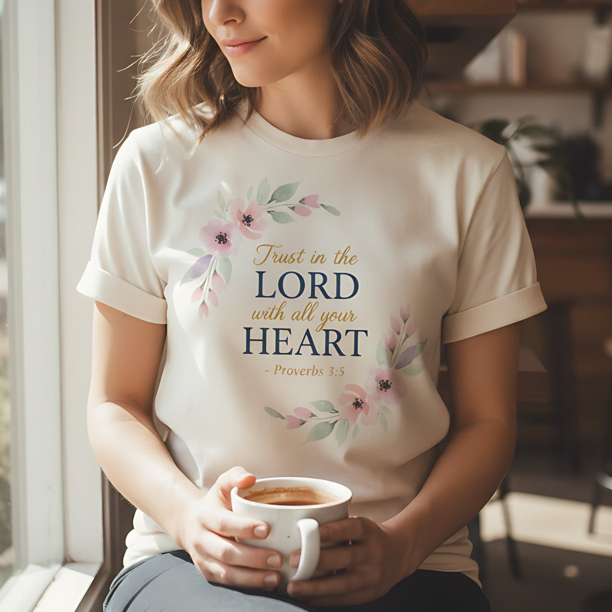 Woman sitting in a cozy café wearing an ivory Comfort Colors Christian t-shirt with pink floral design and scripture “Trust in the Lord with all your heart – Proverbs 3:5,” holding a warm cup of coffee near a window