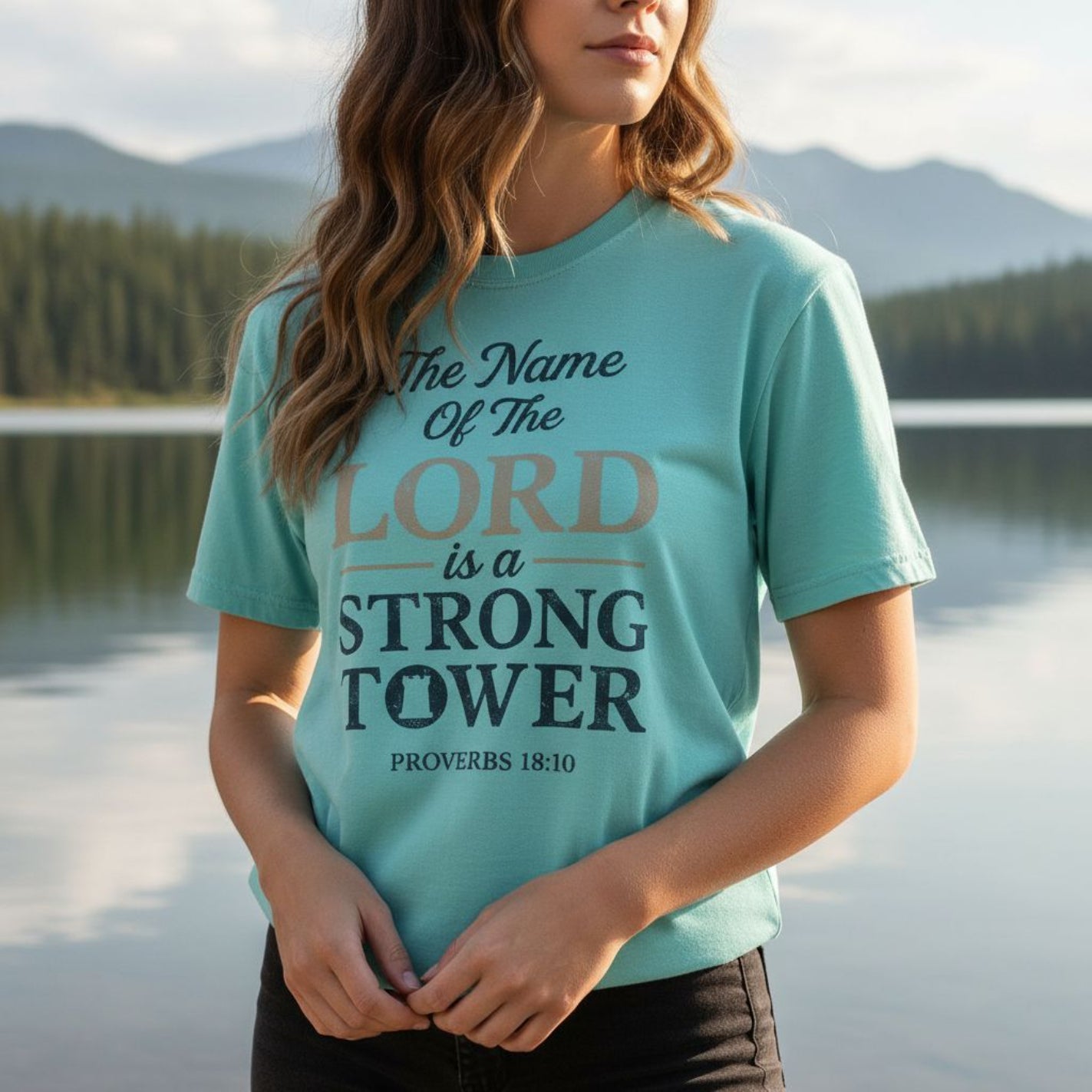 Woman standing near a peaceful lake wearing a Comfort Colors 1717 aqua “The Name of the Lord is a Strong Tower – Proverbs 18:10” t-shirt. A modern Christian shirt from faith-based apparel for women collection.