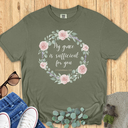 Comfort Colors 1717 sage “My Grace Is Sufficient for You – 2 Corinthians 12:9” t-shirt with blush rose floral wreath artwork. A graceful faith-based apparel for women reminding of God’s sustaining love.