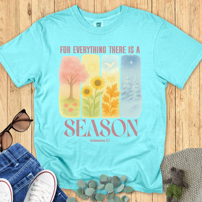 Flatlay of a Comfort Colors 1717 chalky mint “For Everything There Is a Season – Ecclesiastes 3:1” t-shirt featuring serene seasonal illustrations. A stylish women’s scripture tee that celebrates faith through every season of life.