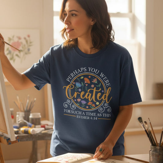 Woman painting in a sunlit studio wearing a Comfort Colors 1717 midnight “Perhaps You Were Created for Such a Time as This – Esther 4:14” t-shirt. A beautiful women’s scripture tee and piece of faith-based apparel for women that inspires creativity and confidence in God’s purpose. A thoughtful Christian mom gift idea and modern Christian shirt for everyday encouragement.