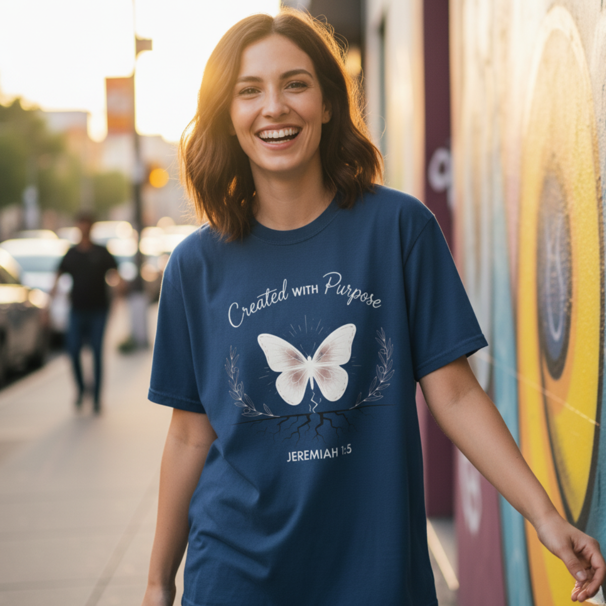 miling woman walking outdoors wearing a Comfort Colors 1717 midnight “Created With Purpose – Jeremiah 1:5” t-shirt with butterfly and roots design. A joyful women’s scripture tee — modern Christian shirt for women seeking encouragement and a meaningful Christian mom gift idea.