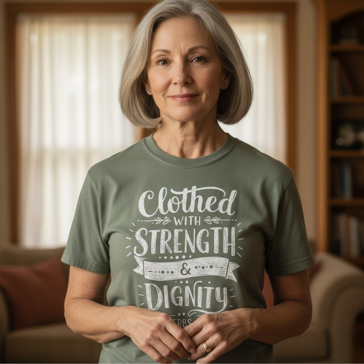 Graceful woman standing indoors wearing a Comfort Colors 1717 sage “Clothed with Strength & Dignity – Proverbs 31:25” t-shirt. A timeless women’s scripture tee — modern Christian shirt celebrating inner strength, perfect faith-based gift for moms and women of faith.