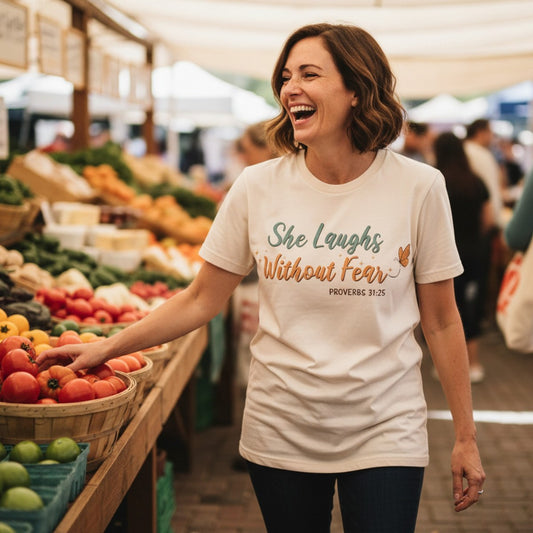 Woman laughing joyfully at an outdoor market wearing a Comfort Colors 1717 ivory “She Laughs Without Fear – Proverbs 31:25” t-shirt. A cheerful women’s scripture tee — soft and encouraging faith-based apparel for women and meaningful Christian mom gift idea.