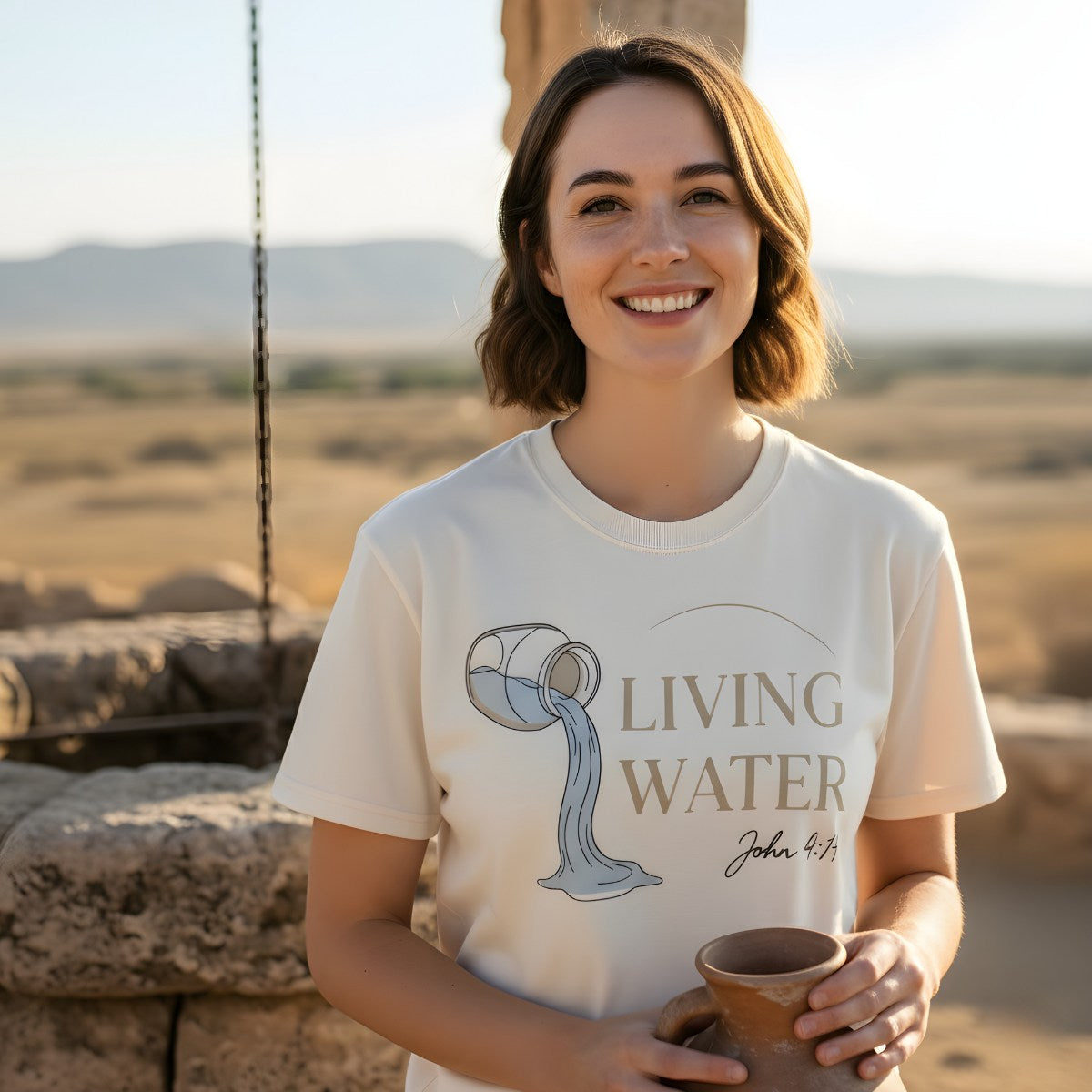 miling woman standing near a stone well wearing a Comfort Colors 1717 ivory “Living Water – John 4:14” t-shirt. A meaningful women’s scripture tee — uplifting faith-based apparel for women and modern Christian shirt, perfect Christian mom gift idea.