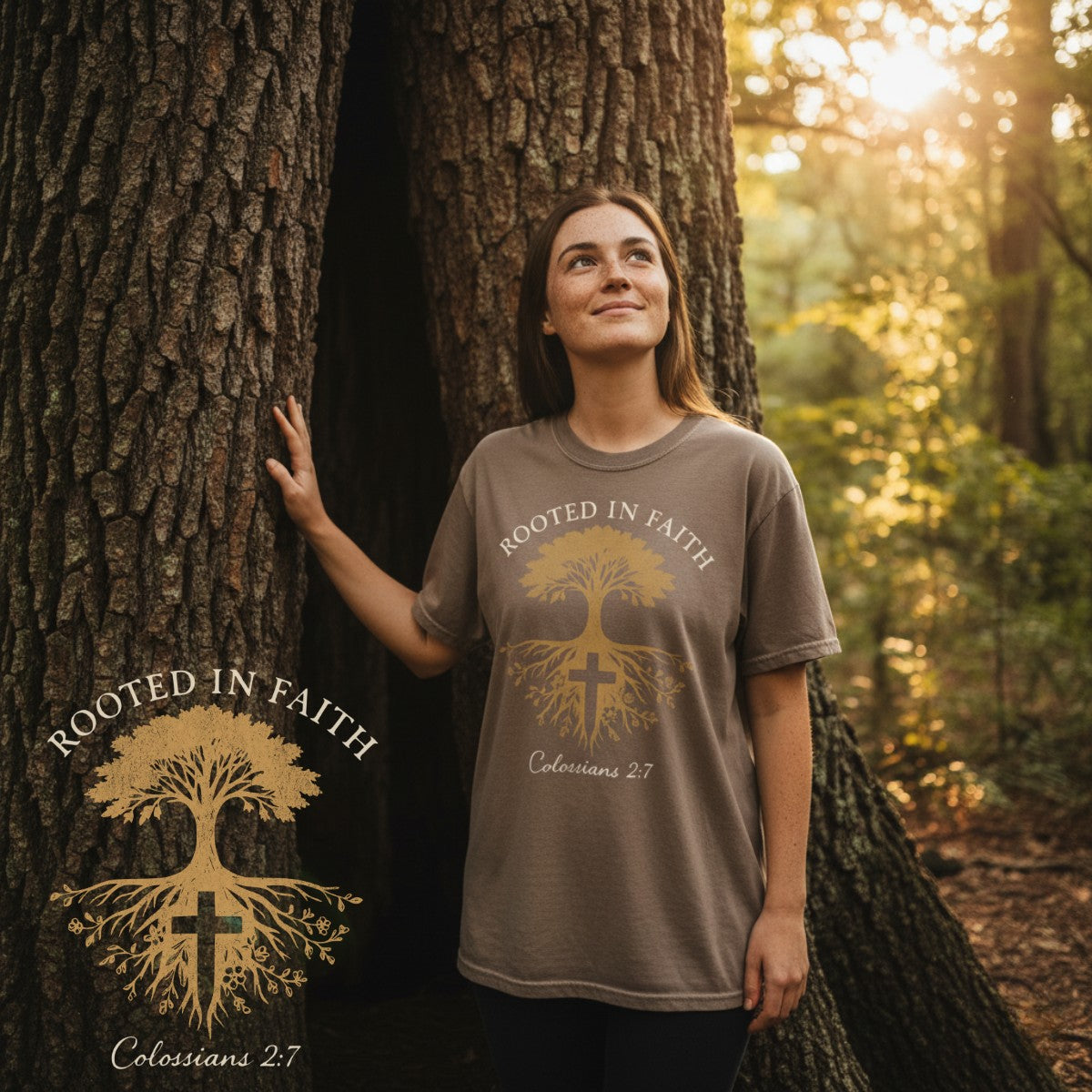Woman standing by a tree in the forest wearing a Comfort Colors 1717 espresso “Rooted in Faith” t-shirt with Colossians 2:7 verse. A nature-inspired women’s scripture tee — faith-based apparel for women and modern Christian shirt, ideal Christian mom gift idea.