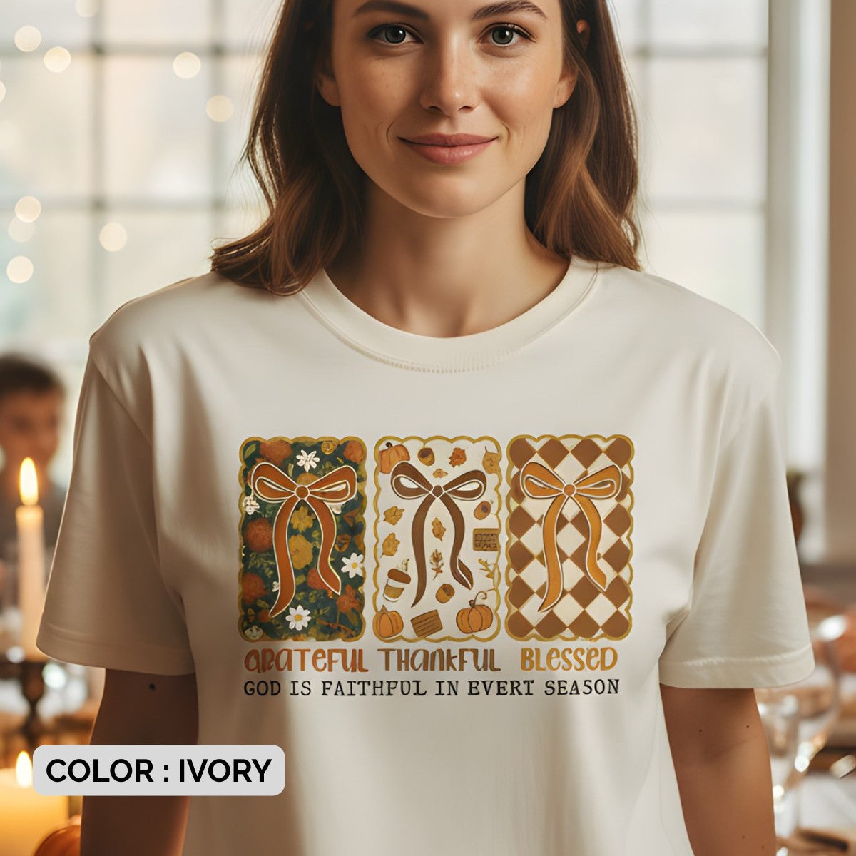 Woman smiling at a Thanksgiving table wearing a Comfort Colors 1717 ivory “Grateful Thankful Blessed – God Is Faithful in Every Season” t-shirt. A cozy women’s scripture tee - faith-based apparel for women and modern Christian shirt, thoughtful Christian mom gift idea that celebrates gratitude and faith.