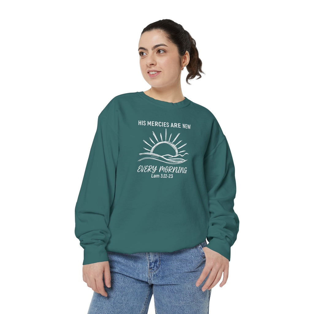 Christian sweatshirt with minimalist sunrise line art reading His mercies are new every morning, Lamentations 3:22-23