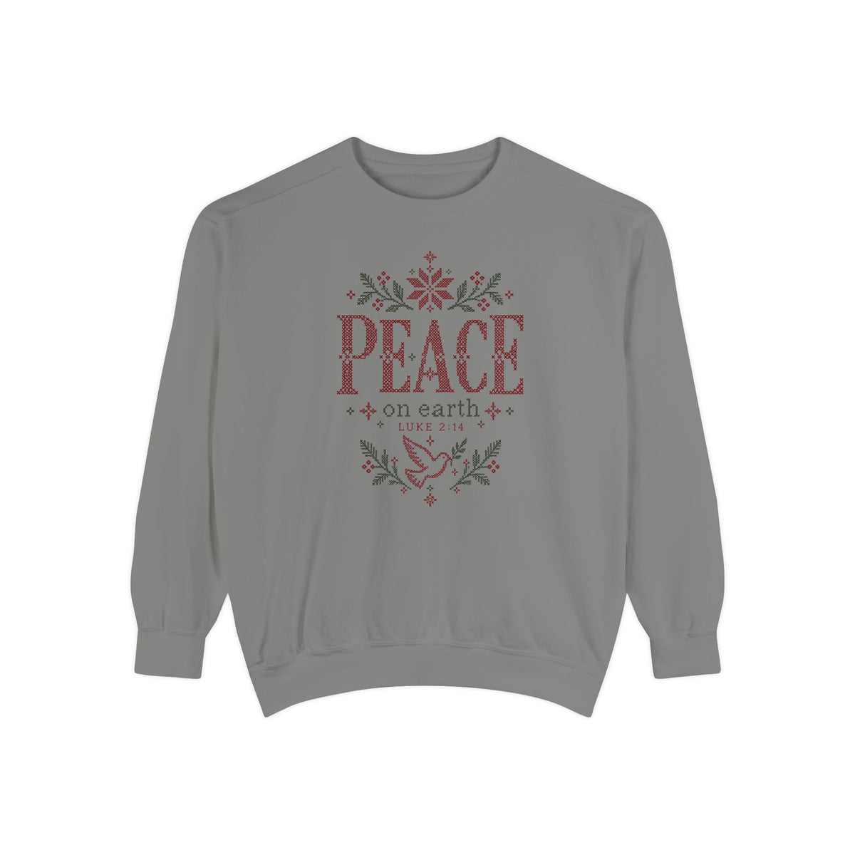 Grey Christian Christmas sweatshirt with cross-stitch style Peace on Earth lettering, a dove, stars, branches and Luke 2:14.