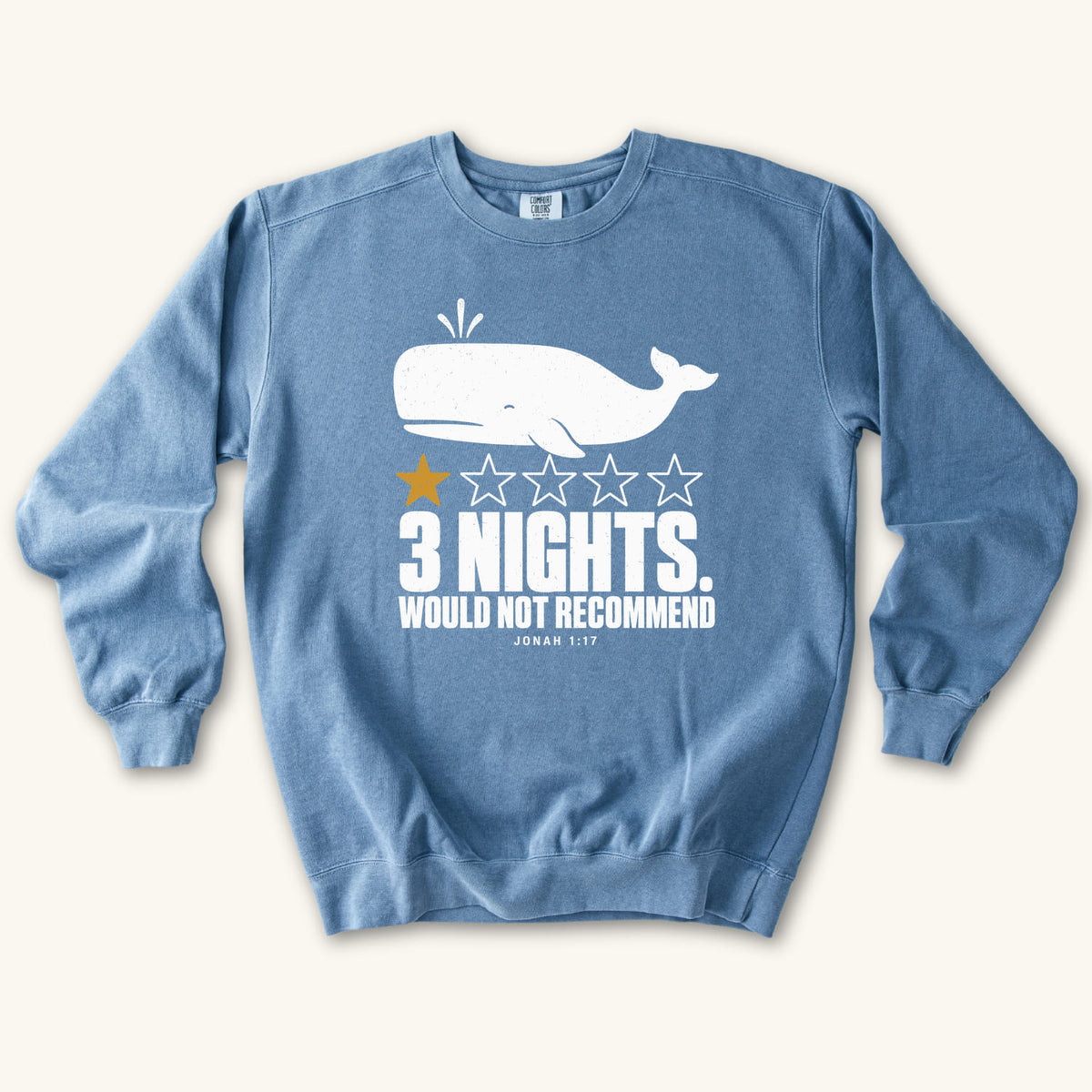 Blue Jean 3 Nights sweatshirt flat lay mockup, Jonah 1:17 Christian apparel for women