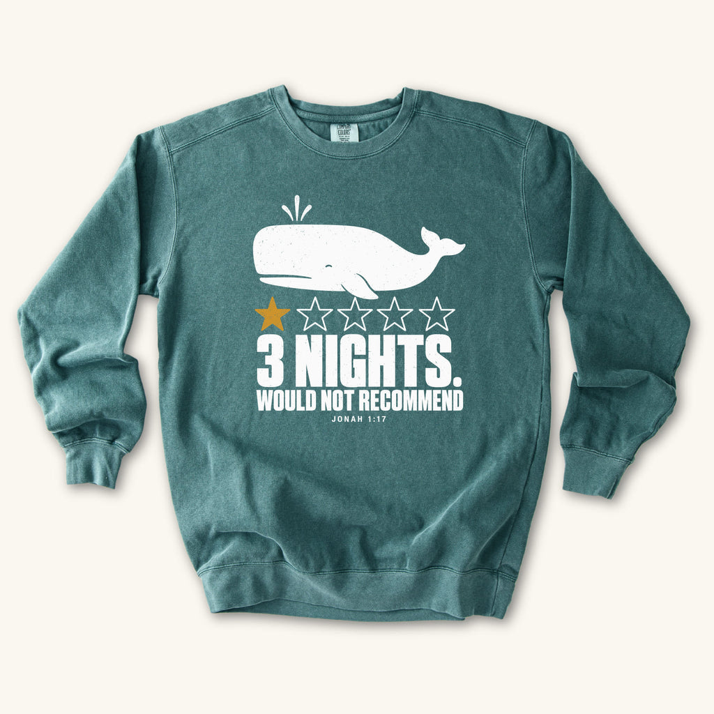 Blue Spruce 3 Nights sweatshirt flat lay mockup, Jonah 1:17 Christian apparel for women