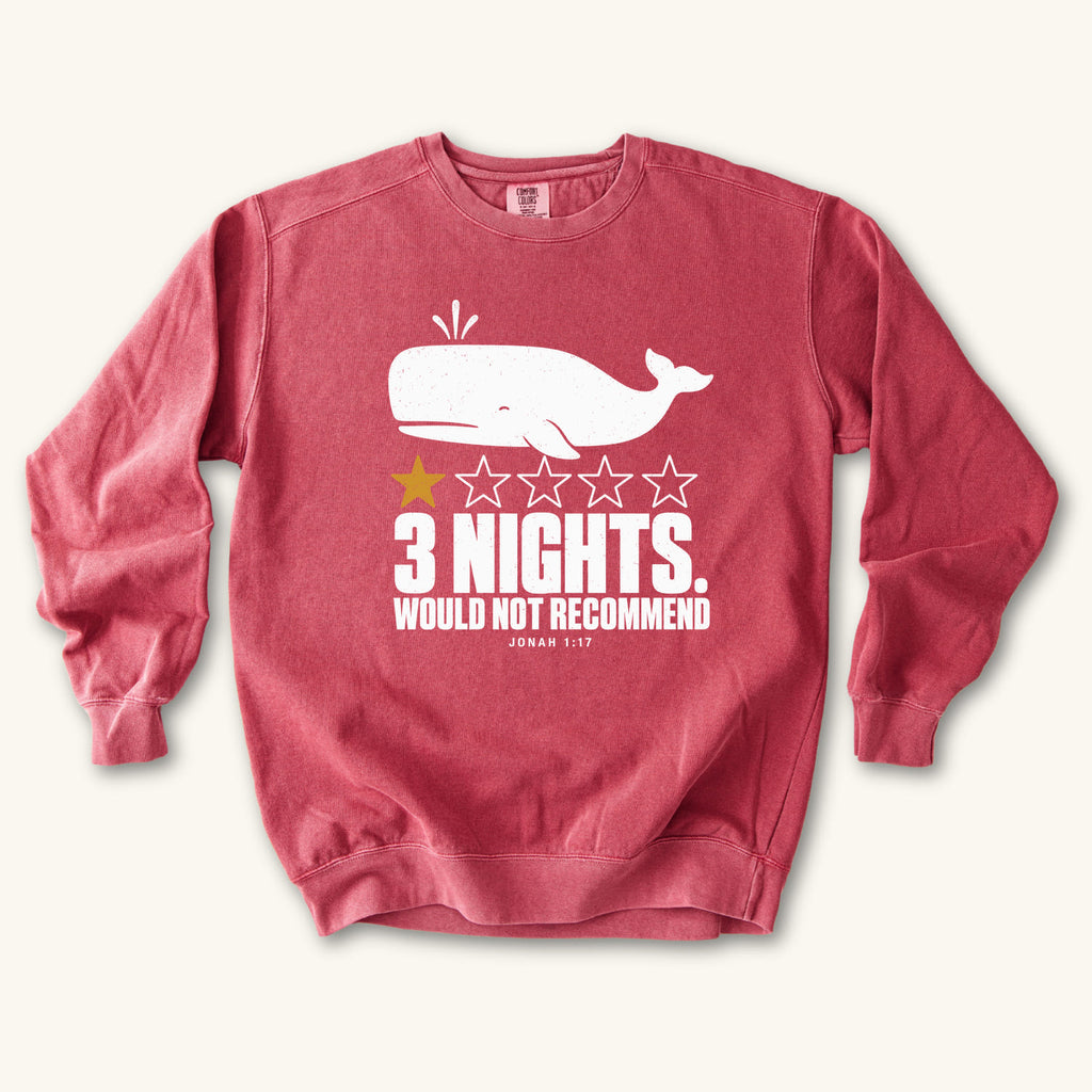 Crimson 3 Nights sweatshirt flat lay mockup, Jonah 1:17 Christian apparel for women