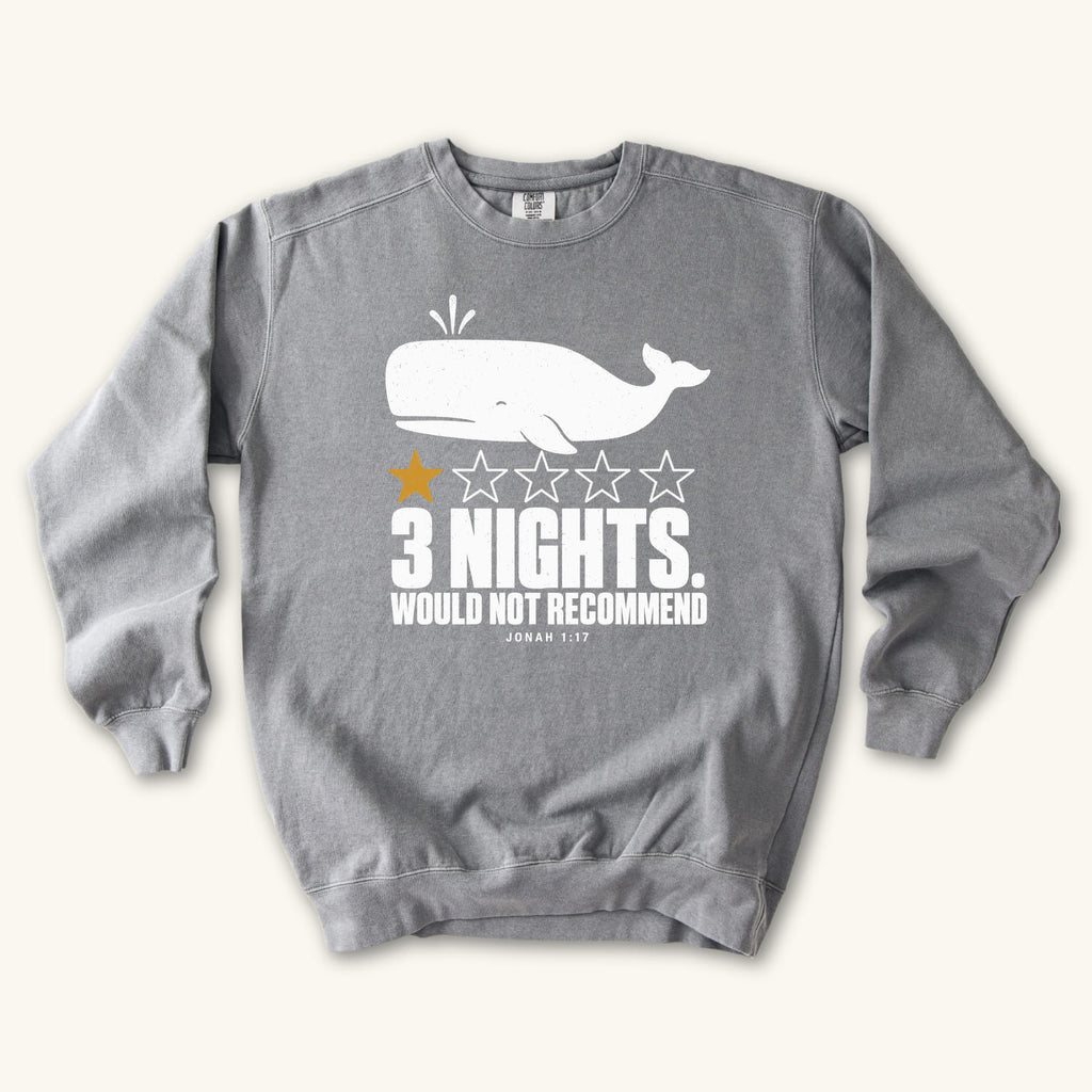 Grey 3 Nights sweatshirt flat lay mockup, Jonah 1:17 Christian apparel for women