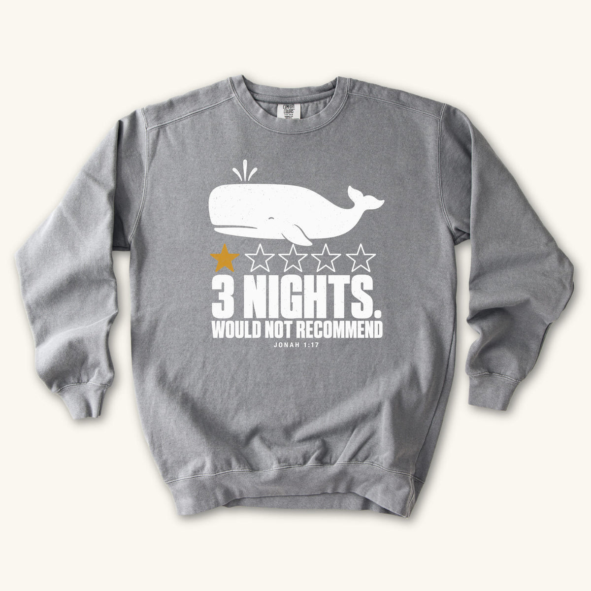 Grey 3 Nights sweatshirt flat lay mockup, Jonah 1:17 Christian apparel for women