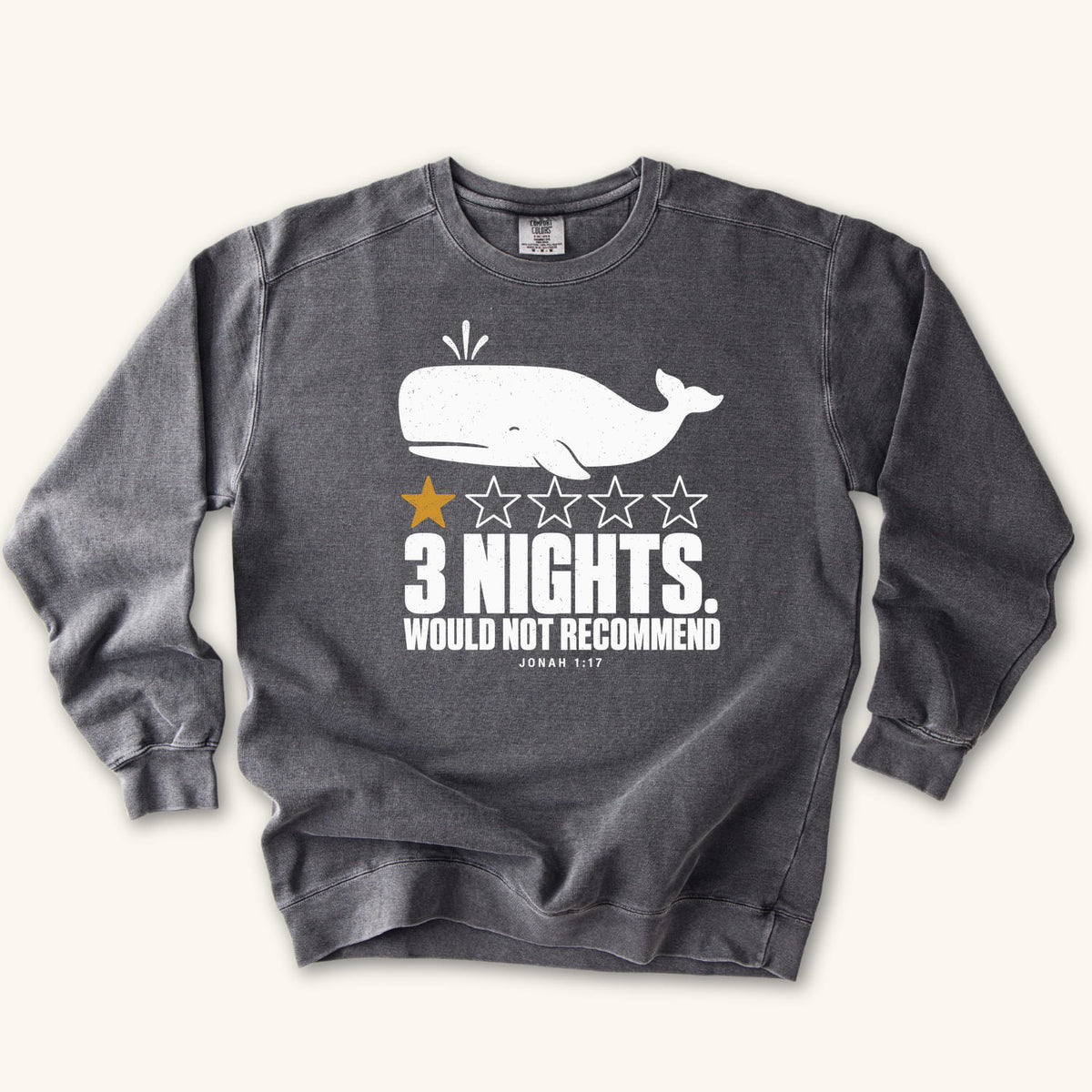 Pepper 3 Nights sweatshirt flat lay mockup, Jonah 1:17 Christian apparel for women