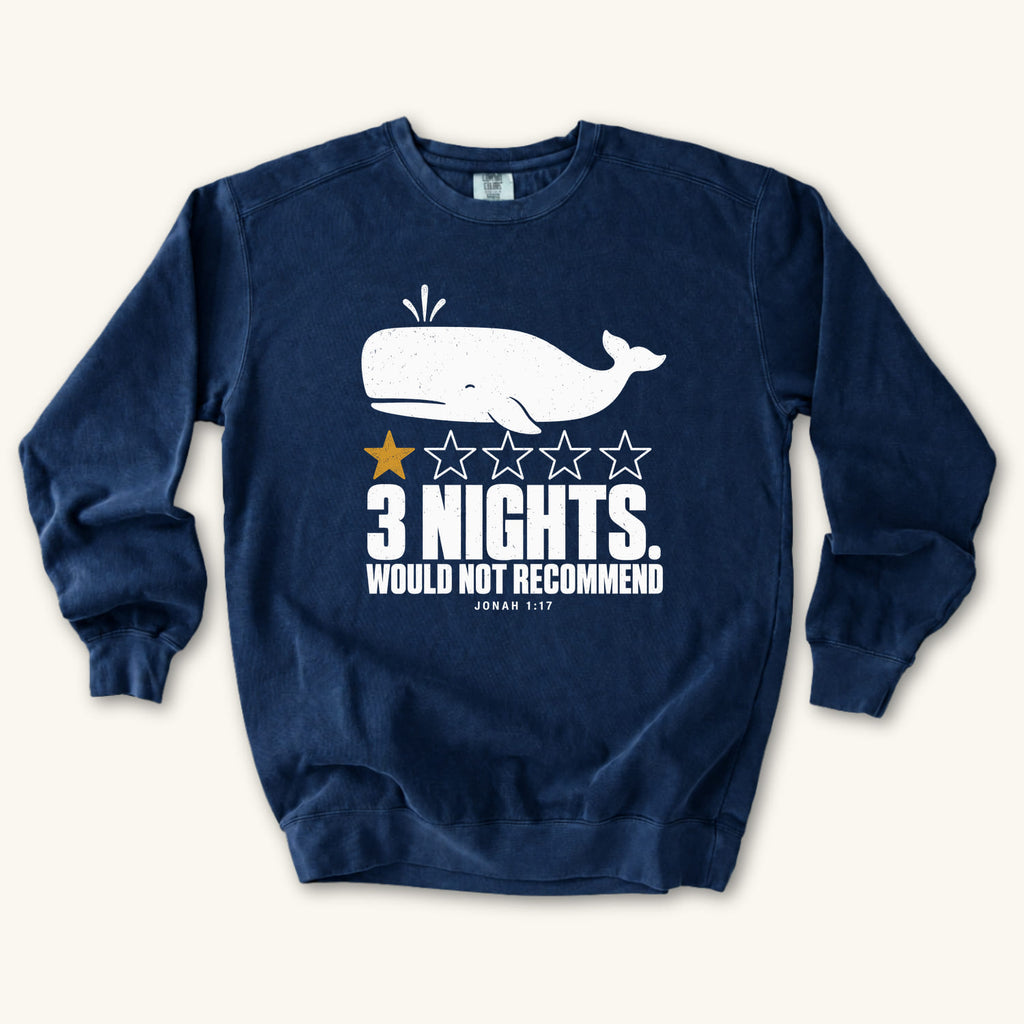 True Navy 3 Nights sweatshirt flat lay mockup, Jonah 1:17 Christian apparel for women