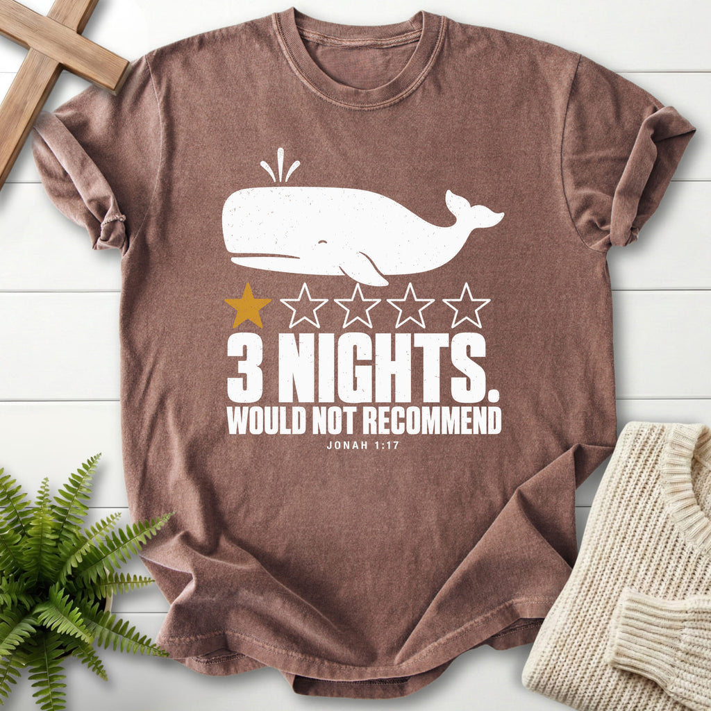 Espresso color option for the 3 Nights Jonah 1 17 Dark faith-inspired shirt with minimal whale artwork with "3 Nights Jonah 1 17 Dark T-Shirt".