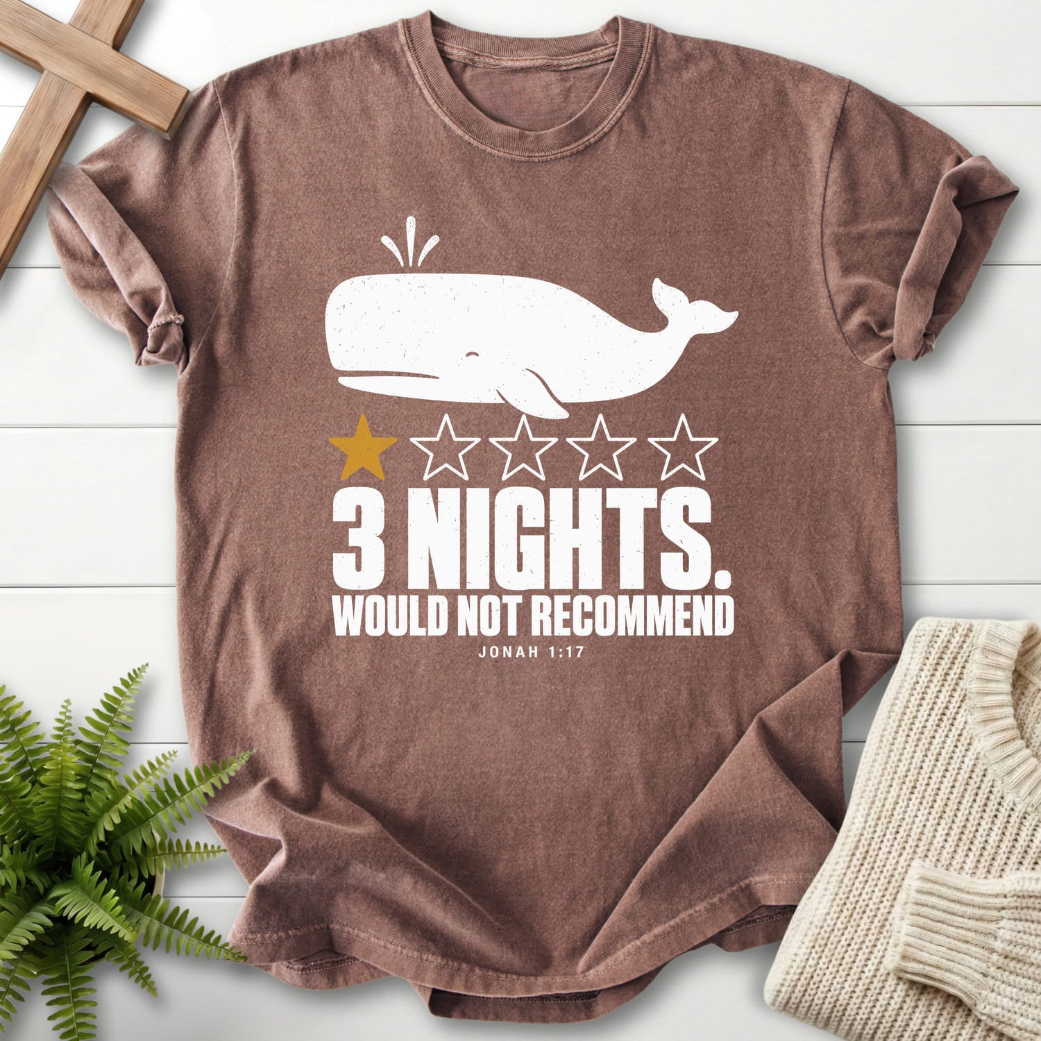 Espresso color option for the 3 Nights Jonah 1 17 Dark faith-inspired shirt with minimal whale artwork with "3 Nights Jonah 1 17 Dark T-Shirt".
