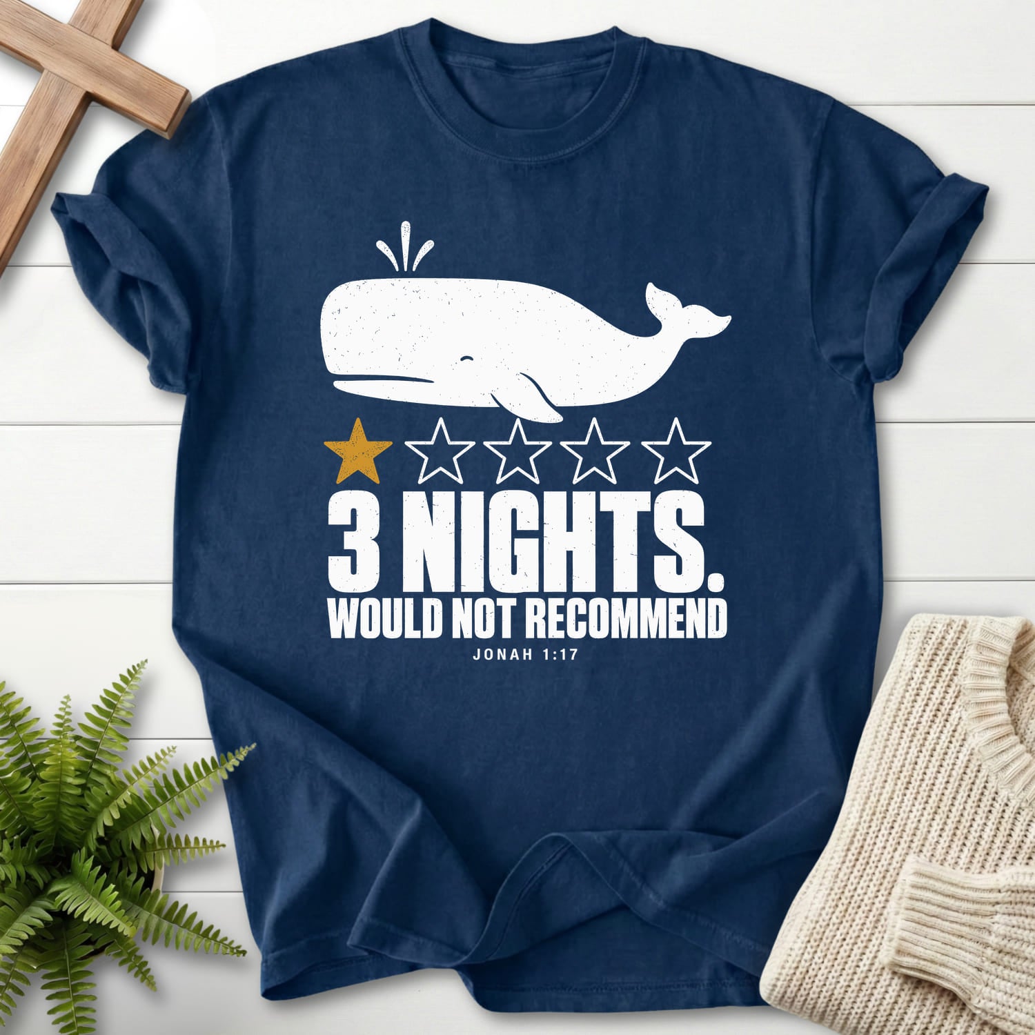 Navy color option for the 3 Nights Jonah 1 17 Dark faith-based tee with minimal whale artwork with "3 Nights Jonah 1 17 Dark T-Shirt".