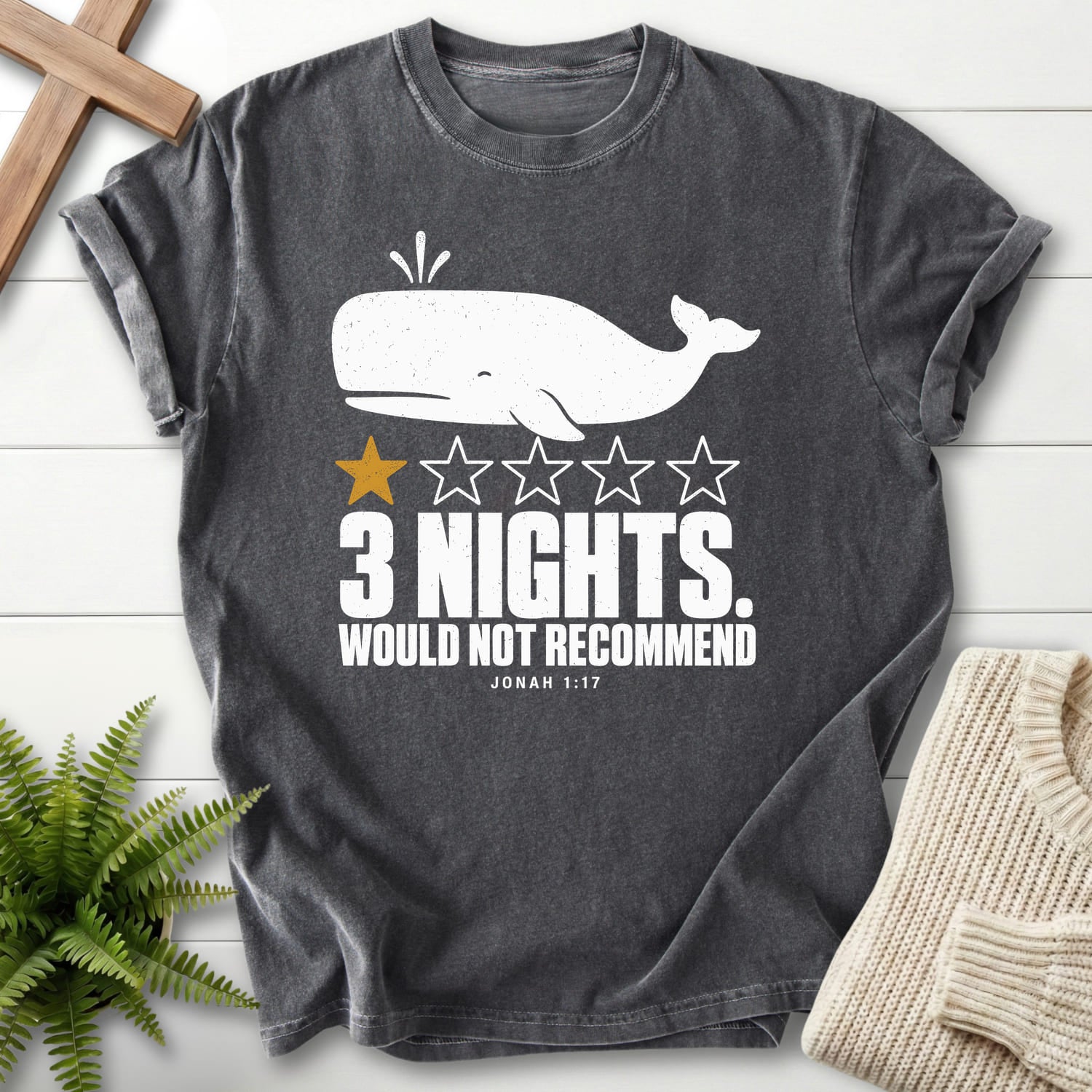 Pepper color option for the 3 Nights Jonah 1 17 Dark tee with minimal whale artwork with "3 Nights Jonah 1 17 Dark T-Shirt" for women's faith apparel.
