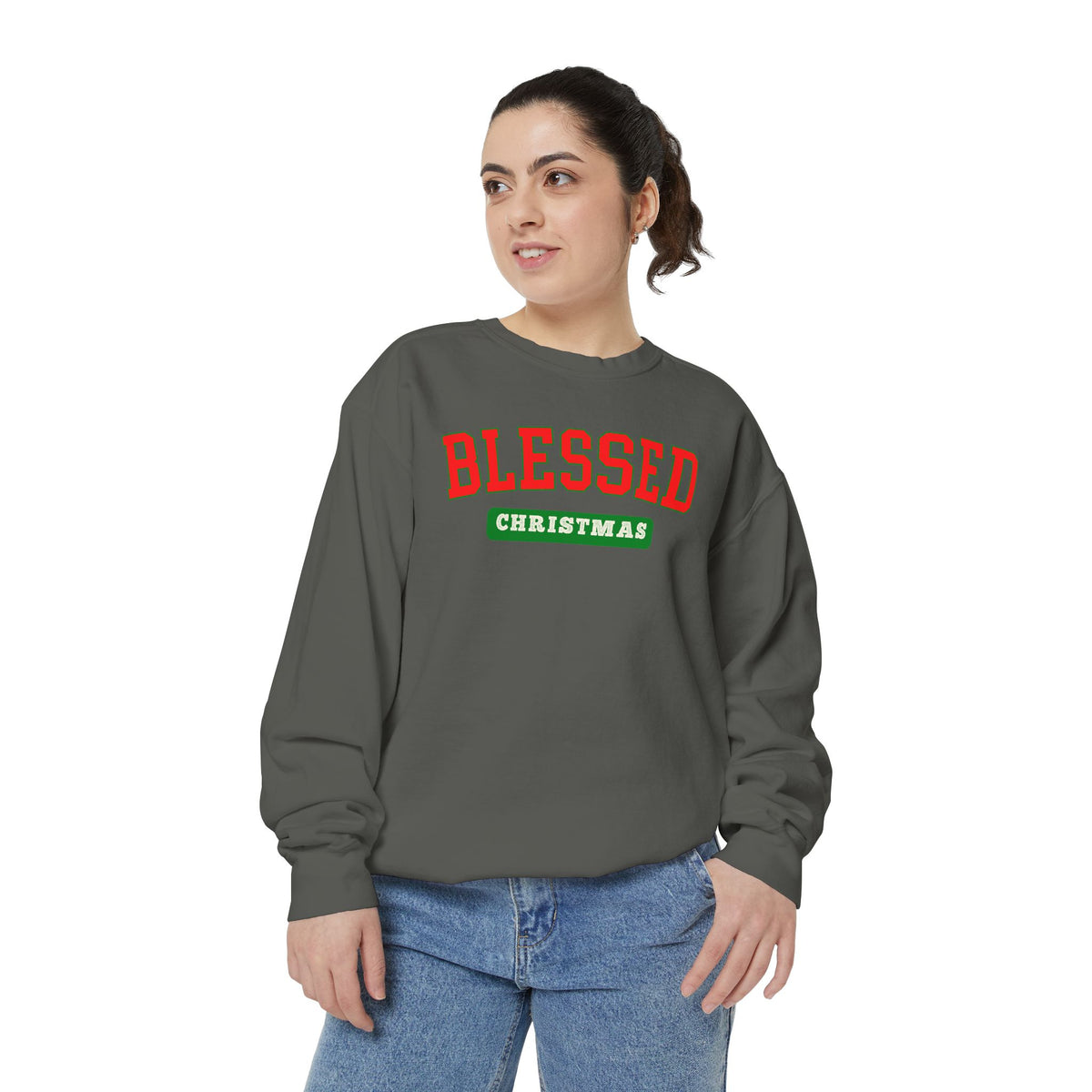 Christian Christmas sweatshirt with Blessed in varsity-style lettering above a Christmas banner.