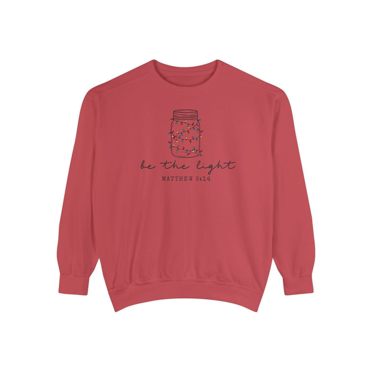 Crimson Christian Christmas sweatshirt with a mason jar wrapped in Christmas lights, be the light script and Matthew 5:14.