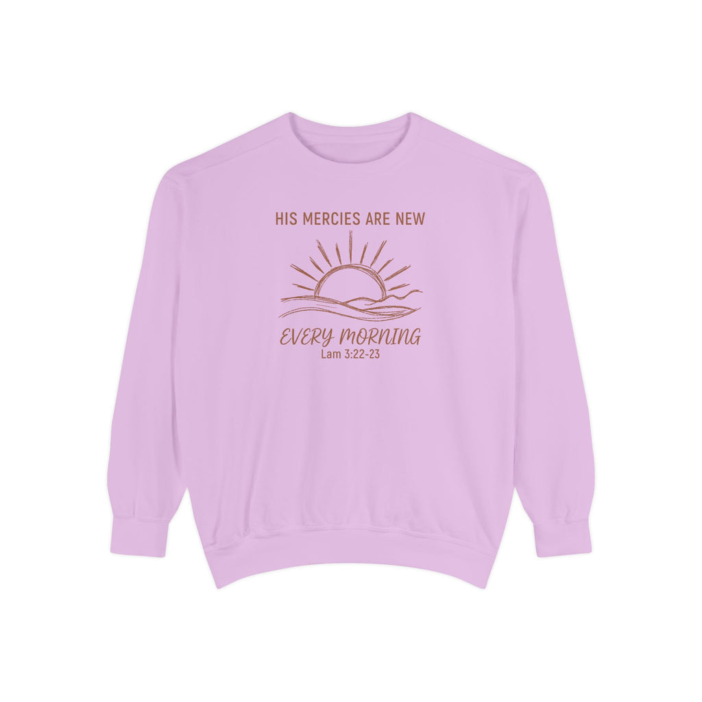 Orchid Christian sweatshirt with minimalist sunrise line art reading His mercies are new every morning, Lamentations 3:22-23
