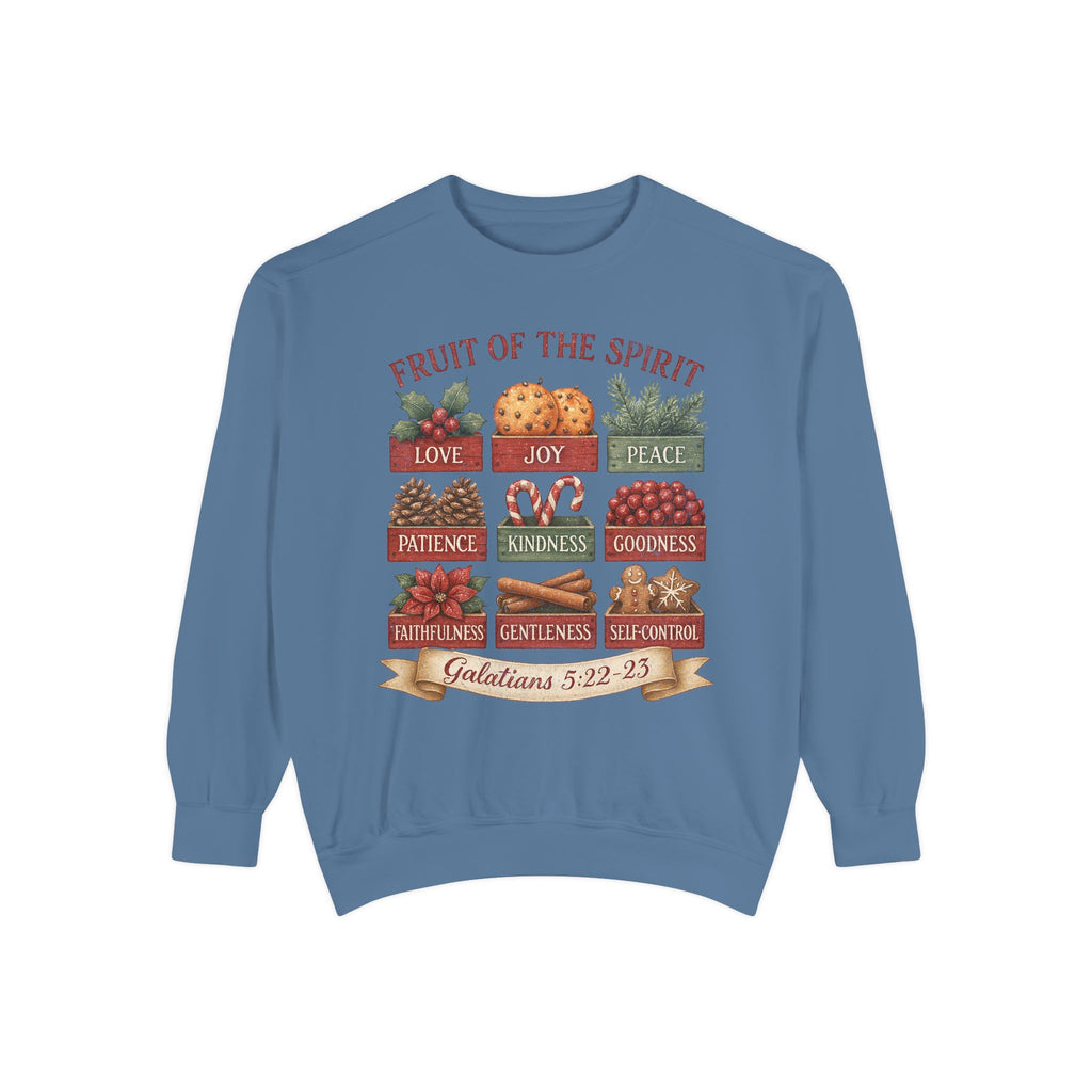 Blue Jean Christmas Christian sweatshirt with nine vintage crates of holly, oranges, pine, pinecones, candy canes, berries, poinsettia, cinnamon and gingerbread labeled with the fruit of the spirit
