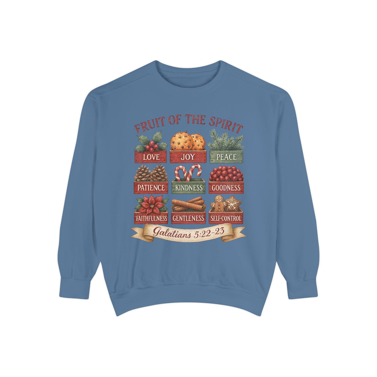 Blue Jean Christmas Christian sweatshirt with nine vintage crates of holly, oranges, pine, pinecones, candy canes, berries, poinsettia, cinnamon and gingerbread labeled with the fruit of the spirit