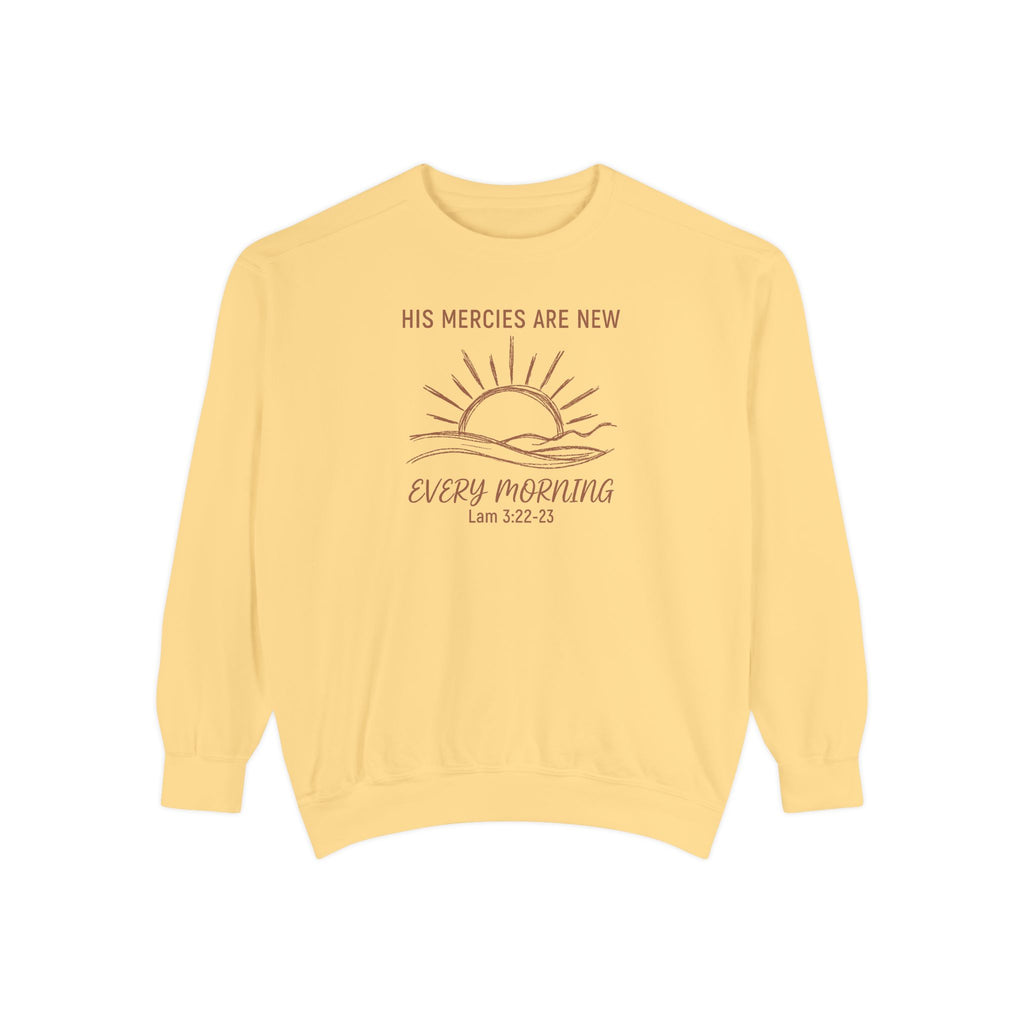 Butter Christian sweatshirt with minimalist sunrise line art reading His mercies are new every morning, Lamentations 3:22-23