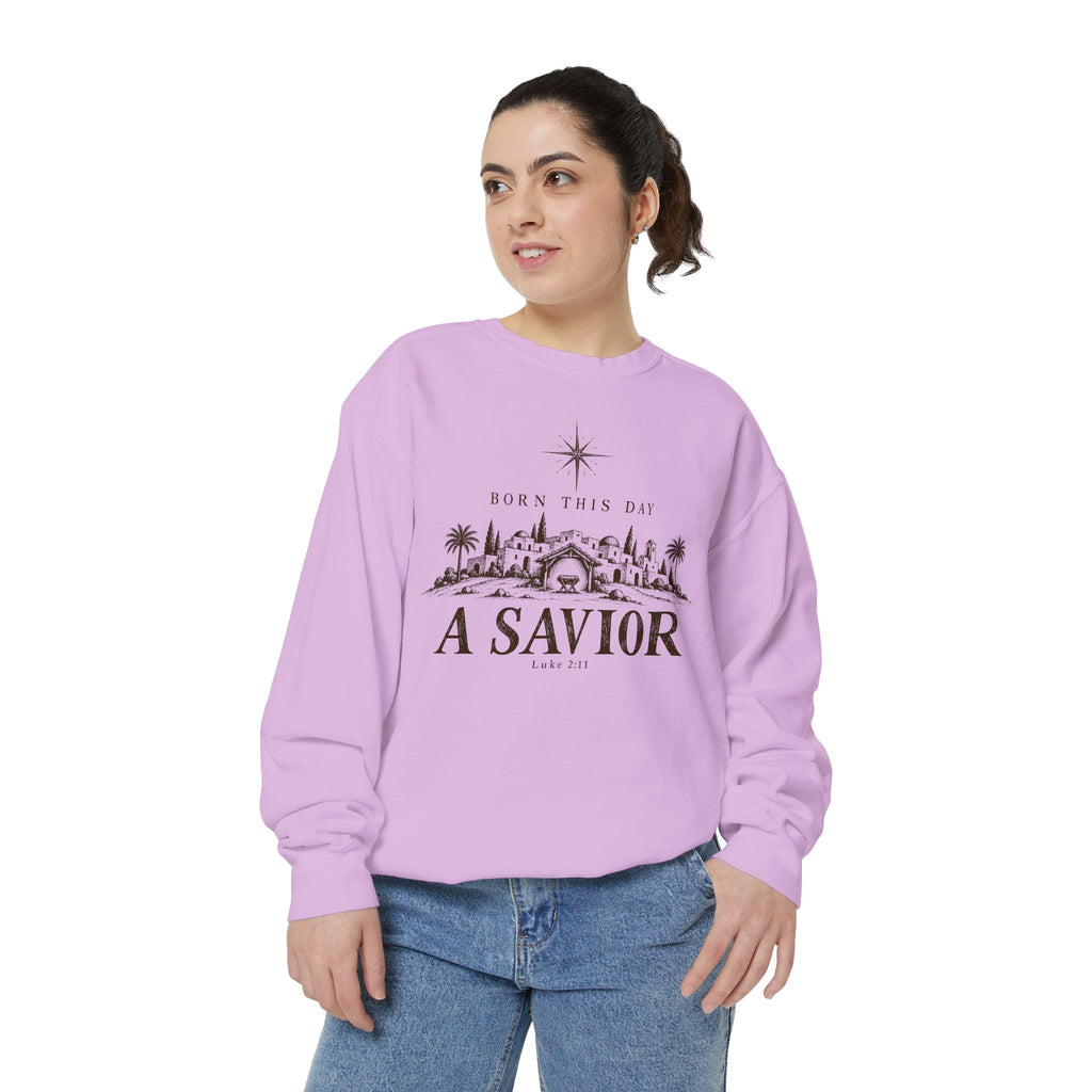 Christian Christmas sweatshirt with Born This Day A Savior lettering, a star over a Bethlehem town scene, a manger and Luke 2:11.