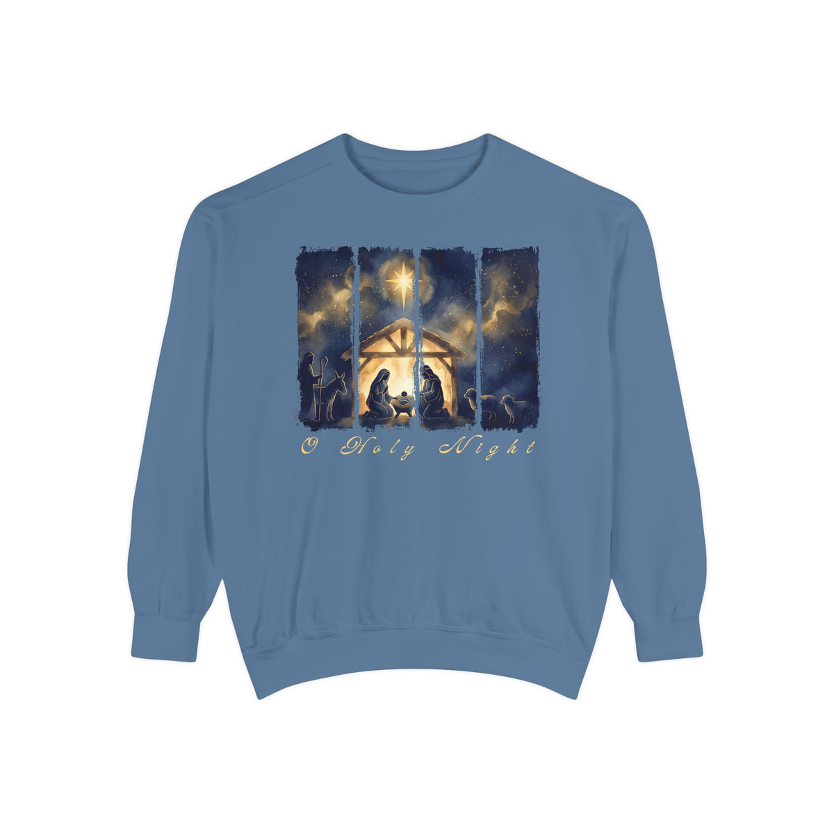 Blue Jean Christian Christmas sweatshirt with a painted nativity of Mary, Joseph and the manger in a glowing stable under a bright star, with O Holy Night in script.