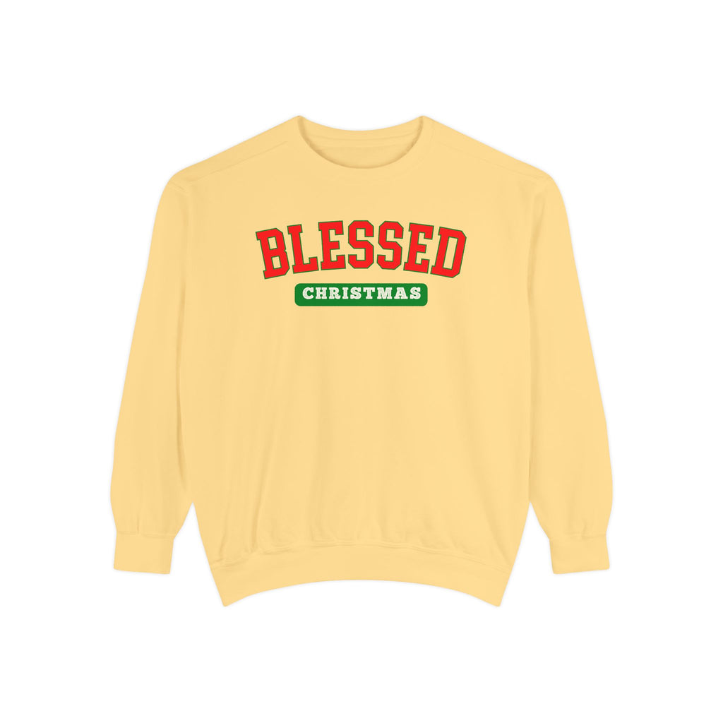 Christian Christmas sweatshirt with Blessed in varsity-style lettering above a Christmas banner.