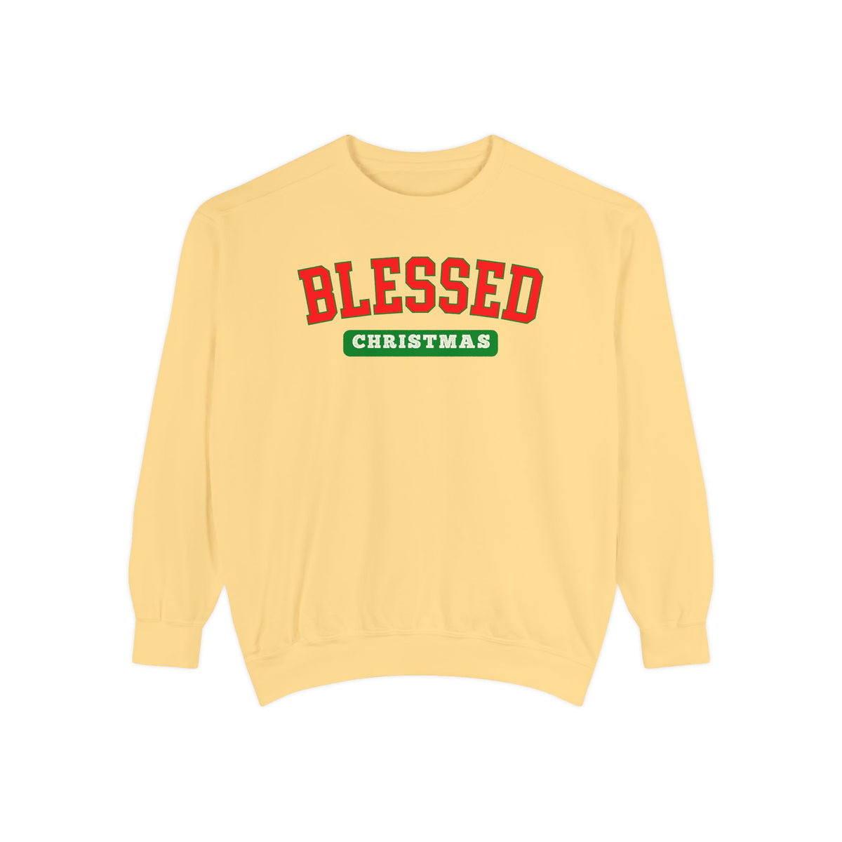 Christian Christmas sweatshirt with Blessed in varsity-style lettering above a Christmas banner.