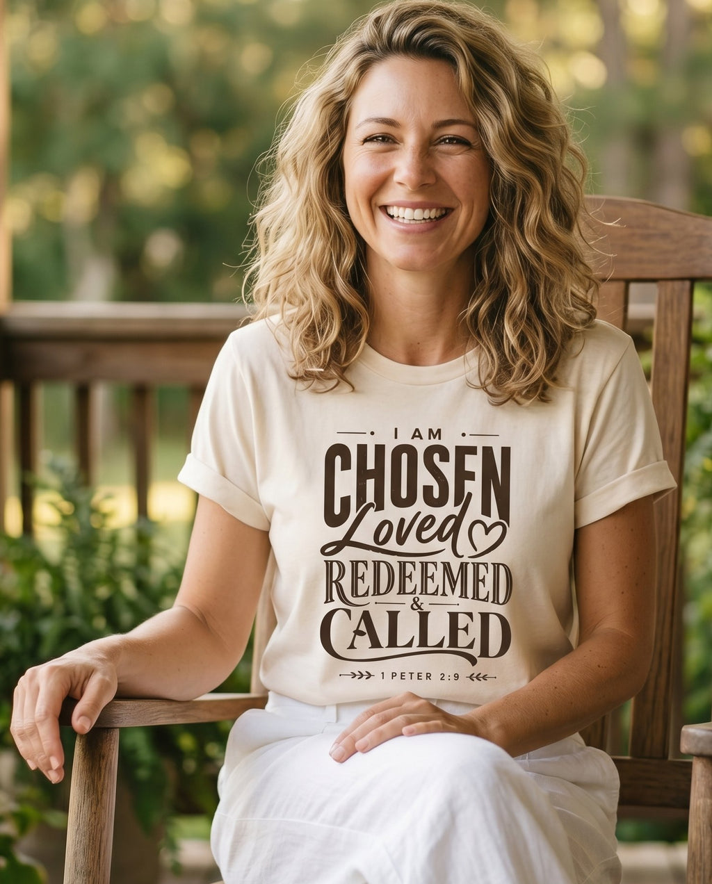 I Am Chosen – Ivory women's Christian tee, lifestyle photo in sunny porch – I Am Chosen Christian identity chosen beloved faith encouragement lett – She Wears Faith