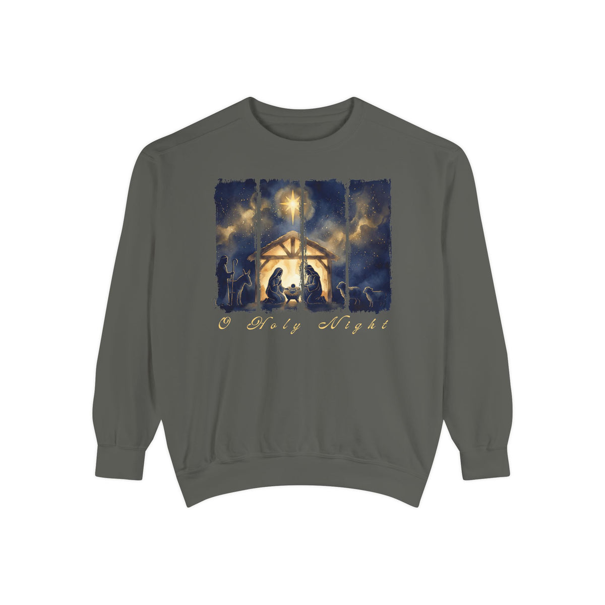 Christian Christmas sweatshirt with a painted nativity of Mary, Joseph and the manger in a glowing stable under a bright star, with O Holy Night in script.