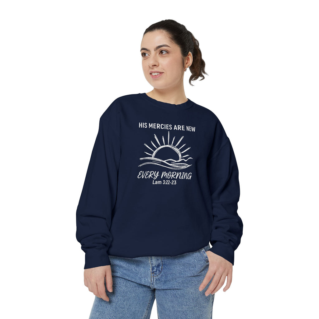 Christian sweatshirt with minimalist sunrise line art reading His mercies are new every morning, Lamentations 3:22-23